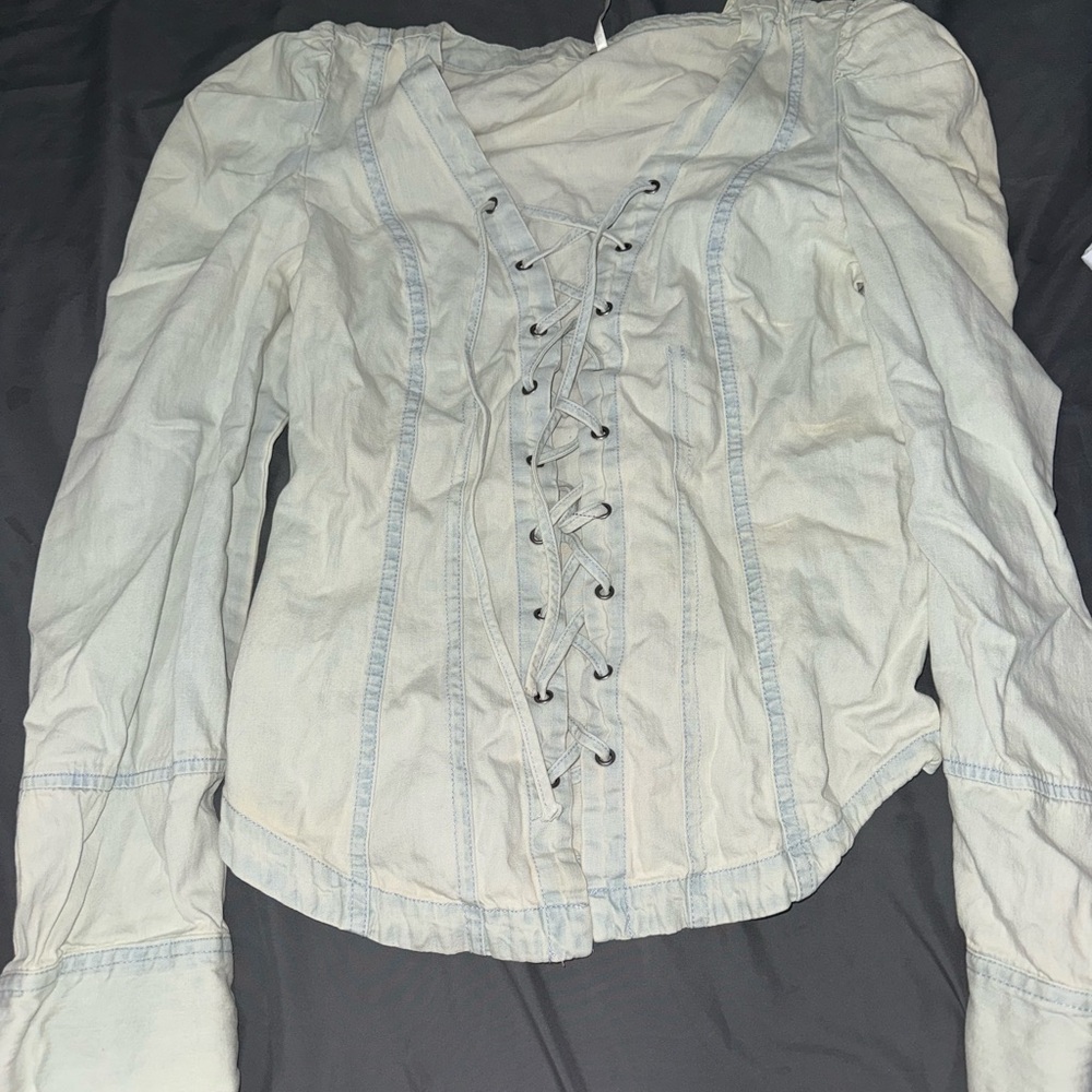 Free People Light Blue Lace-Up Blouse